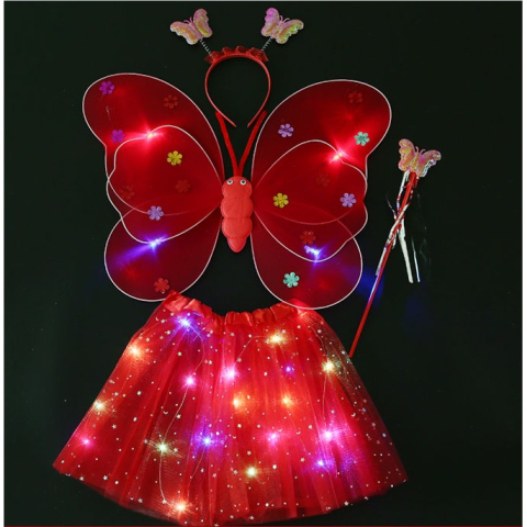 Costum Fluturas cu Aripi Modelabile Luminoase pentru Copii, Fusta din Tul cu Lumini, Bagheta si Bentita, 4 piese, Pentru Halloween, Roleplay, Craciun, Carnaval, Paste, Ziua Copilului, Bumbac/Poliester, Marime universala, Rosu [1]
