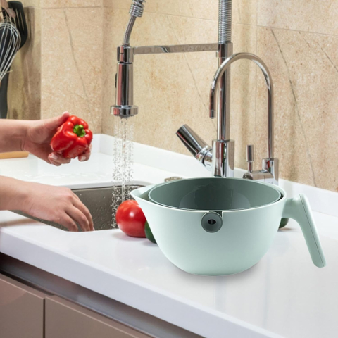 Bol cu Doua Straturi, pentru Fructe, Legume, cu Cos de Scurgere a Apei, 2L, din ABS+PP, 29.9 x 22.5 x 11.8 cm, Verde [3]