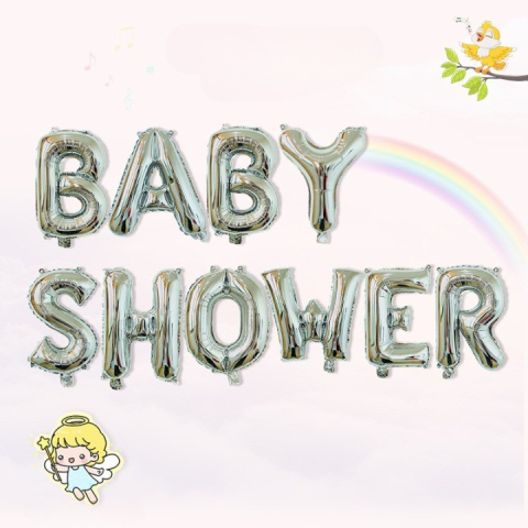 Set Baloane din Folie Metalizata, Model Baby Shower, Litere de 40 cm, Baloane Party, Ambalaj Individual, Pai, Ata si Adeziv Incluse, Umflare cu Aer sau Heliu, Argintiu [1]