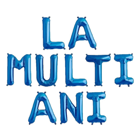 Seturi Baloane Folie - Set 10 Baloane din Folie Metalizata, Figurine Litere, Model La multi ani, Tema Aniversare, 40 cm, Ambalaj Individual, Pai Inclus, Umflare cu Aer sau Heliu, Albastru