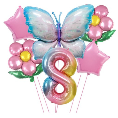 Seturi Baloane Folie - Set baloane aniversare cu numere, din folie de aluminiu, 6 piese, 2 flori, 2 stelute, 1 fluture, 1 cifra, Multicolor, Cifra 8