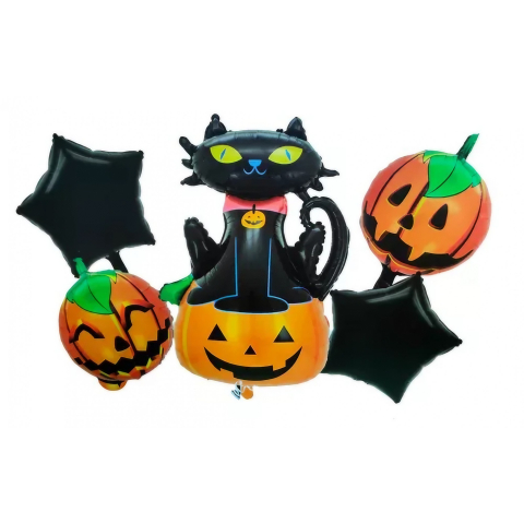 Baloane si Accesorii Halloween - Set 5 Baloane din Folie Metalizata, Figurine, Tema Halloween, Pai Inclus, Ambalaj Individual, Umflare cu Aer sau Heliu, Figurina Dovleac si Pisica 90x60 cm, Stelute si Cerculete 45 cm, Portocaliu-Negru