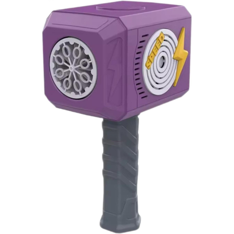 Articole pentru Copii - Jucarie Interactiva pentru Baloane de Sapun, Sunete si Lumini, Model Ciocan, cu 8 Orificii, 13.5 x 10 x 12 cm, Mov