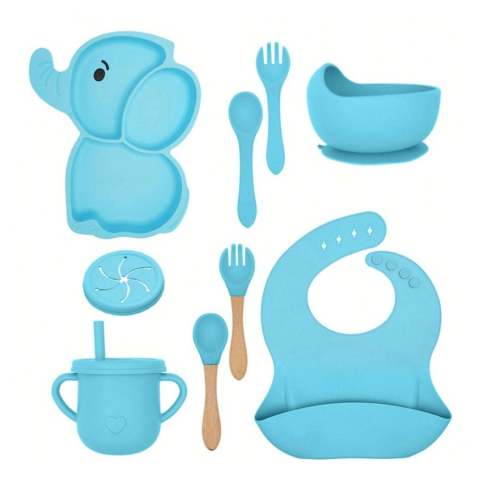 Articole pentru Copii - Set 10 Piese Servire Masa. pentru Bebelusi si Copii, din Silicon/Lemn, cu Ventuze Anti-alunecare, fara Alergeni. +6 Luni, Model Elefant, Albastru