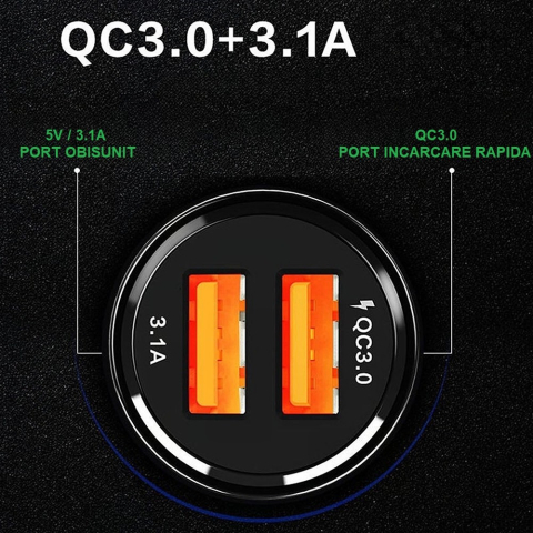 Incarcator Auto, Pentru Bricheta, Incarcare Rapida, Interfata USB, 12V-24V, Negru [2]