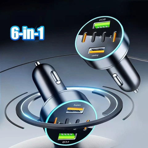 Incarcator Auto 6 in 1, 2 x Port USB Fast Charge QC3.0 si 4 x Type C, PD 65W, Negru [3]