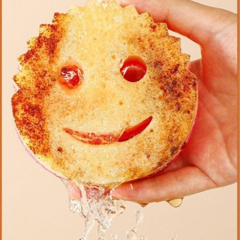 Burete de Vase, Rotund, din Burete PU, Model Smiley Face, Doua Fete, 10 x 4 cm, Portocaliu/Galben [3]