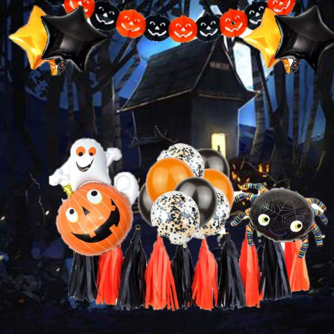 Set 5 Baloane din Folie Metalizata, Figurine, Tema Halloween, Pai Inclus, Ambalaj Individual, Umflare cu Aer sau Heliu, Figurina Dovleac cu Fantoma 64x80 cm, Stelute si Cerculete 45 cm, Multicolor [4]