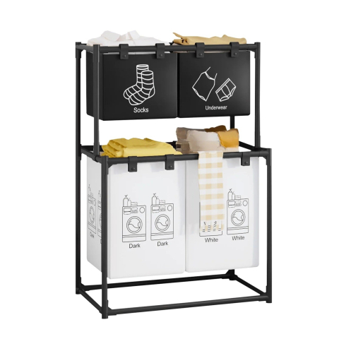 Articole pentru baie - Cos de Rufe, cu 2 Etaje, 4 Cosuri, Cadru de Otel Inoxidabil, 97x44x57 cm, Negru