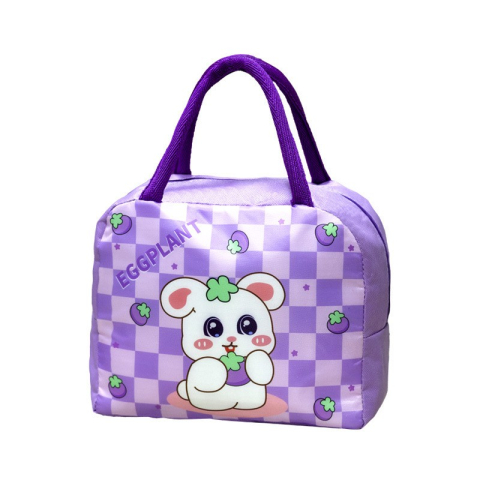 Genti Termoizolante Mancare - Geanta Termoizolanta pentru Copii, 23x13x19 cm, Model Imprimeu Iepuras, din Folie de Aluminiu si Panza Oxford, Mov