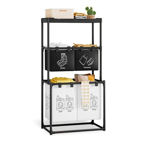 Articole pentru baie - Cos de Rufe, 3 Rafturi, 4 Cosuri, Cadru de Otel Inoxidabil, 123x44x57 cm, Negru
