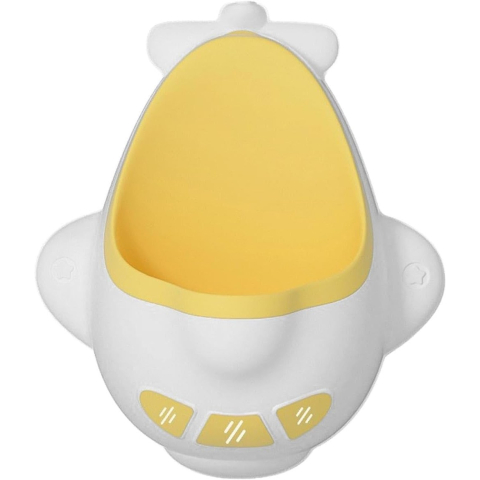 Articole pentru baie - Pisoar pentru Baieti, 0-8 Ani, in Forma de Avion, Perie Inclusa, Montare pe Perete, Carlig Autoadeziv Inclus, 29 x 33.5 cm, Alb/Galben