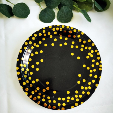 Set 10 Farfurii Unica Folosinta, Imprimeu cu Buline, din Carton, Diametru 23 cm, Negru/Auriu [2]