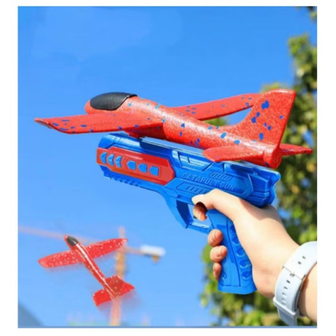 Pistol cu Lansator de Avion, din Polistiren+Plastic, +3 Ani, Avion 24 cm, Lansare 10 m, cu Lumini, Albastru/Rosu [2]