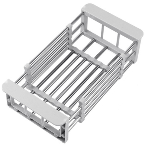 Articole pentru Bucatarie - Suport Scurgere Extensibil pentru Bucatarie, Uscator Vase din Otel Inoxidabil, Suport Tacamuri si Pahare, Suport pentru Fructe si Legume, 24.5 x 16.5 x 9.5 cm Gri deschis