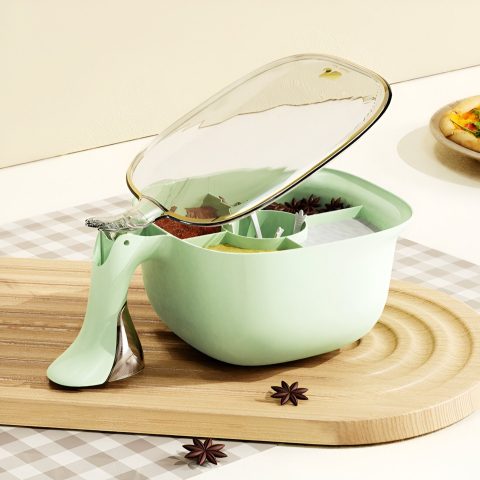 Cutie de Depozitare a Condimentelor, de Uz Casnic, cu Maner Stabil, cu Capac, 4 Compartimente Principale, 21 x 14 x 10 cm, Verde [4]