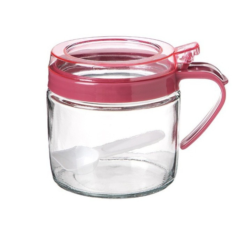 Organizatoare si Depozitare Bucatarie - Recipient Condimente, din Stilca, 180 ml, cu Maner si Lingurita, 8 x 9 cm, Capac Transparent, Roz