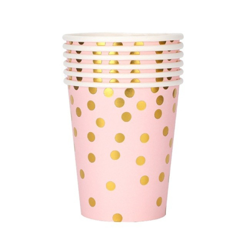 Articole Servire Masa - Set 10 Pahare, Imprimeu cu Buline, din Carton, 250 ml, 7.5 x 8.5 x 5.2 cm, Roz/Auriu