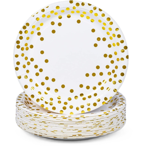 Articole Servire Masa - Set 10 Farfurii Unica Folosinta, Imprimeu cu Buline, din Carton, Diametru 23 cm, Alb/Auriu