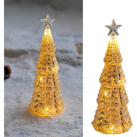 Decoratiune de Craciun, Model Brad cu Stea, din Sticla, Lumini, Baterii 3 AA, 24 x 8 cm, Auriu [3]