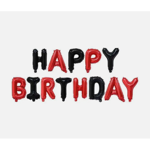 Set Baloane din Folie Metalizata, Model Happy Birthday, Litere de 40 cm, Baloane Party, Ambalaj Individual, Pai, Ata si Adeziv Incluse, Umflare cu Aer sau Heliu, Rosu-Negru [6]