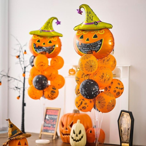 Set 5 Baloane din Folie Metalizata, Figurine, Tema Halloween, Pai Inclus, Ambalaj Individual, Umflare cu Aer sau Heliu, Figurina Dovleac 54x87 cm, Stelute si Cerculete 45 cm, Multicolor [3]
