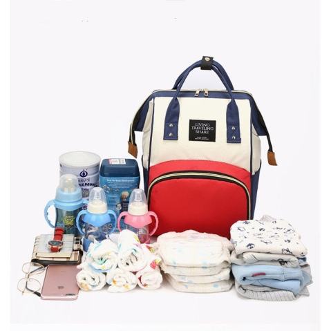Rucsac Multifunctional pentru Mamici, din Panza Oxford, Compartimentare Multipla, Impermeabil, 43 x 18 x 26 cm, Alb/Rosu/Albastru [6]