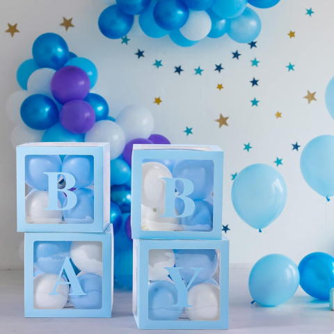 Set 4 Cutii pentru Baloane, Model Scris Baby, Tematica Iubire, Cuburi Decorative din Plastic, Accesorii pentru Petrecere, 30 x30 cm, Transparente Contur Albastru [5]
