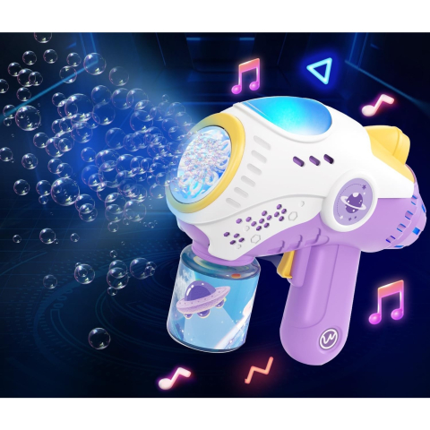 Jucarie Interactiva pentru Baloane de Sapun, Sunete si Lumini, Model Pistol, cu 8 Orificii, 19 x 8.8 x 16.3 cm, Mov [2]
