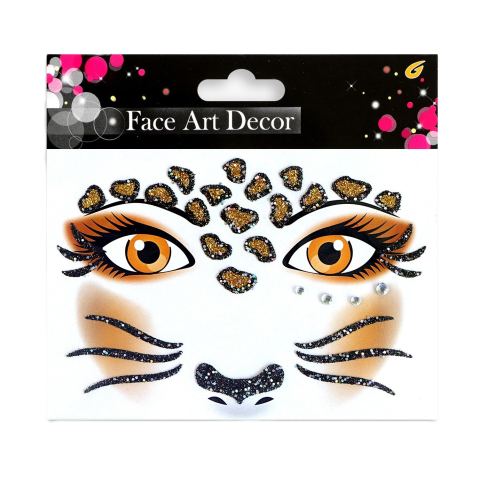 Articole Petrecere - Sticker Temporar pentru Fata, pentru Machiaj, Face Art, Halloween, Teatru, Model Leopard, Maro