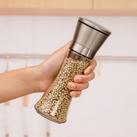 Rasnita Manuala pentru boabe, Rasnita pentru Piper Sare Cafea, din Sticla cu Otel inoxidabil, 19.2 x 6.4 cm, volum 200 ml, Transparenta cu Capac din Inox [2]