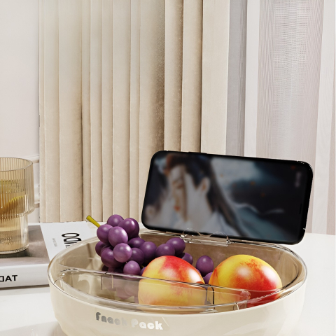 Bol cu Doua Straturi, pentru Fructe, Legume, Snacks, cu Strat de Scurgere a Apei, Suport pentru Telefonul Mobil, 22.4x9 cm, Crem [5]