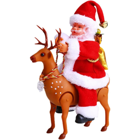 Figurine Decorative Craciun - Decoratiune Mos Craciun, Animat, care Canta si Danseaza, cu Saculet, pe Ren, Imbracat Festiv, 28x21x10 cm, Rosu
