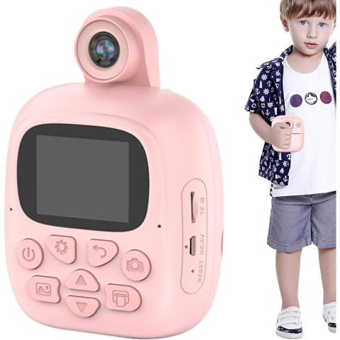 Camera Instantanee pentru Copii, Camera Frontala + Selfie, cu Functie de Printare, Cablu USB-C, Bluetooth, Compatibil iOS/Android, Imprimare APP, Model Bunny, Roz [11]