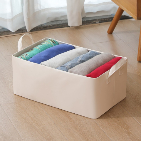 Cutie de Depozitare Tip Cos, Material Piele Ecologica, Pliabila, 47x28x20 cm, 26 l, Cadru Metalic, cu Manere, Bej [4]