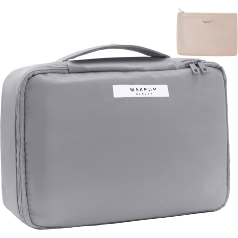 Geanta de Calatorie, pentru Cosmetice si Articole de Toaleta, Material Impermeabil, 2 in 1, Portfard Interior Detasabil, 23 x 16 x 8 cm, Gri [4]
