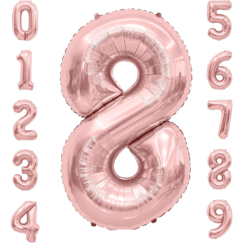Balon din Folie Metalizata Figurina Cifra, Tema Aniversare 40 cm, Ambalaj Individual, Pai inclus, Umflare cu Aer sau Heliu, Rose Gold, Cifra 8 [4]
