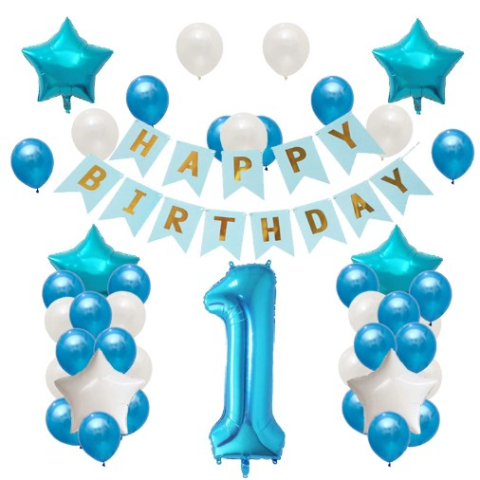Tematica Fata/Baiat - Set Baloane Aniversare HAPPY BIRTHDAY, set din 42 bucati, 1 bucata cifra mare, 4 stele din folie aluminiu, 37 simple din latex, Baby Boy, 60 cm Albastru