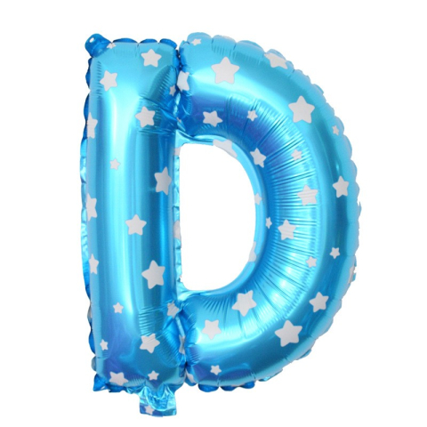 Litere - Balon Folie Metalizata Litera D, 40 cm, Cu Imprimeu Stelute, Umflati cu Heliu sau Aer, Ambalaj Individual, Pai inclus, Albastru