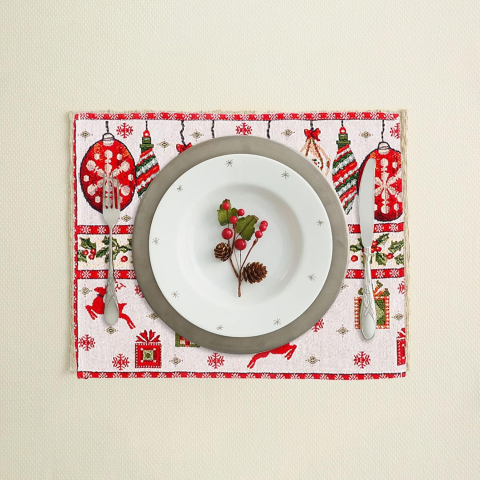 Servet pentru Masa, Model Globulete si Cadouri, Tematica Craciun, 43 x 34 cm, Rosu [1]