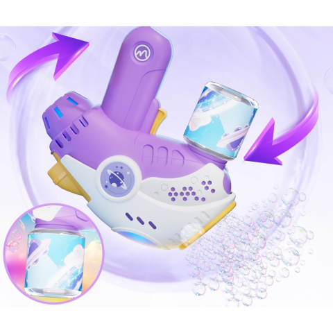 Jucarie Interactiva pentru Baloane de Sapun, Sunete si Lumini, Model Pistol, cu 8 Orificii, 19 x 8.8 x 16.3 cm, Mov [1]