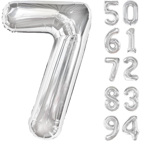 Balon din Folie Metalizata, Figurina Cifra, Tema Aniversare 100 cm, Ambalaj Individual, Pai inclus, Umflare cu Aer sau Heliu, Argintiu, Cifra 7 [3]