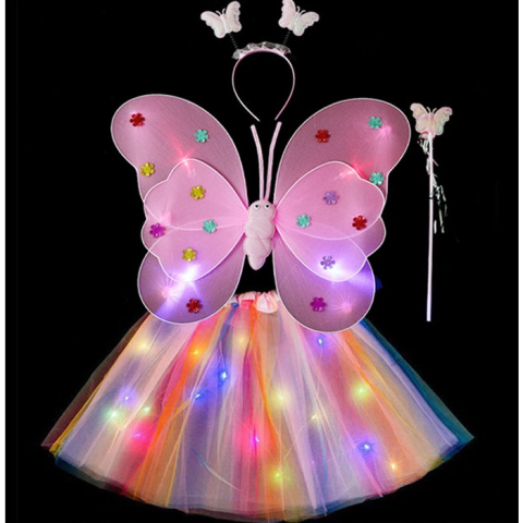 Costum Fluturas cu Aripi Modelabile Luminoase pentru Copii, Fusta din Tul cu Lumini, Bagheta si Bentita, 4 piese, Pentru Halloween, Roleplay, Craciun, Carnaval, Paste, Ziua Copilului, Bumbac/Poliester, Marime universala, Curcubeu [1]
