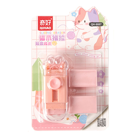 Accesorii Birou si Consumabile - Radiera Retractabila, Model Pisica Push-Pull pentru elevii, Radiera de tip Push, Doua Radiere de Rezerva in set, Roz Pal