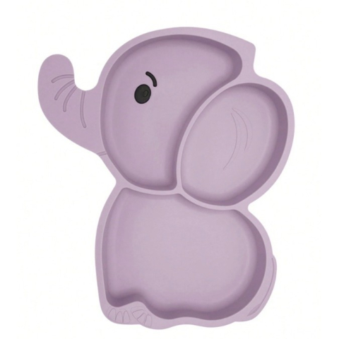 Set 10 Piese Servire Masa. pentru Bebelusi si Copii, din Silicon/Lemn, cu Ventuze Anti-alunecare, fara Alergeni. +6 Luni, Model Elefant, Mov [1]