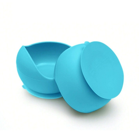 Set 10 Piese Servire Masa. pentru Bebelusi si Copii, din Silicon/Lemn, cu Ventuze Anti-alunecare, fara Alergeni. +6 Luni, Model Elefant, Albastru [3]