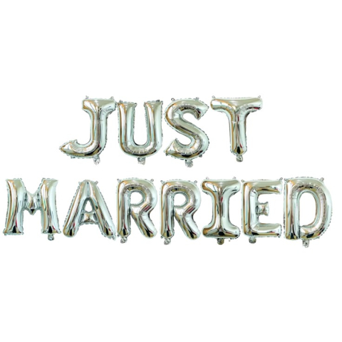 Set Baloane din Folie Metalizata, Model Just Married, Litere de 40 cm, Baloane Party, Ambalaj Individual, Pai, Ata si Adeziv Incluse, Umflare cu Aer sau Heliu, Argintiu [1]