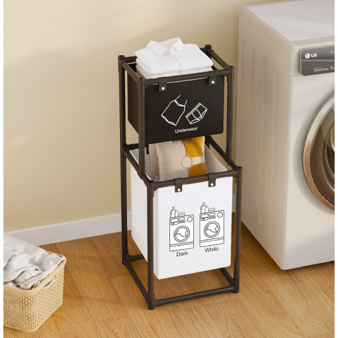 Cos de Rufe, cu 2 Etaje, 2 Cosuri, Cadru de Otel Inoxidabil, 97x44x31 cm, Negru [5]