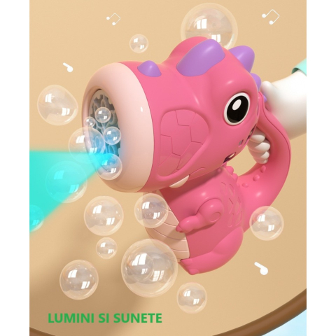 Jucarie Interactiva pentru Baloane de Sapun, Sunete si Lumini, Model Dinozaur, cu 8 Orificii, 15 x 8.5 x 18.5, Roz [6]