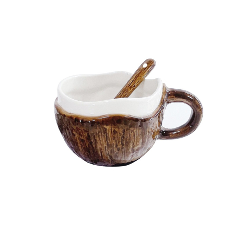 Veselă pentru Masă - Cana din Ceramica, 201-300 ml, cu Lingurita, Model Nuca de Cocos, Maro